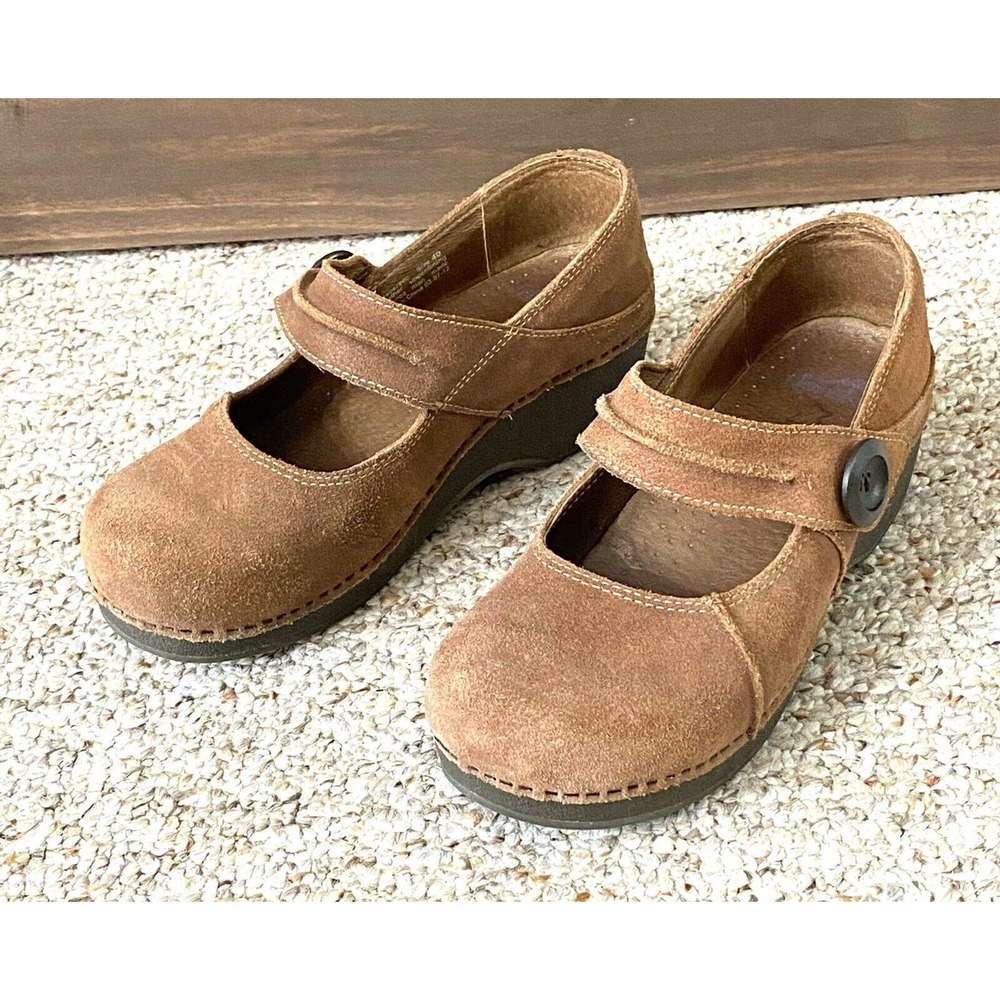 Dansko Brown Suede Mules with Button Detail